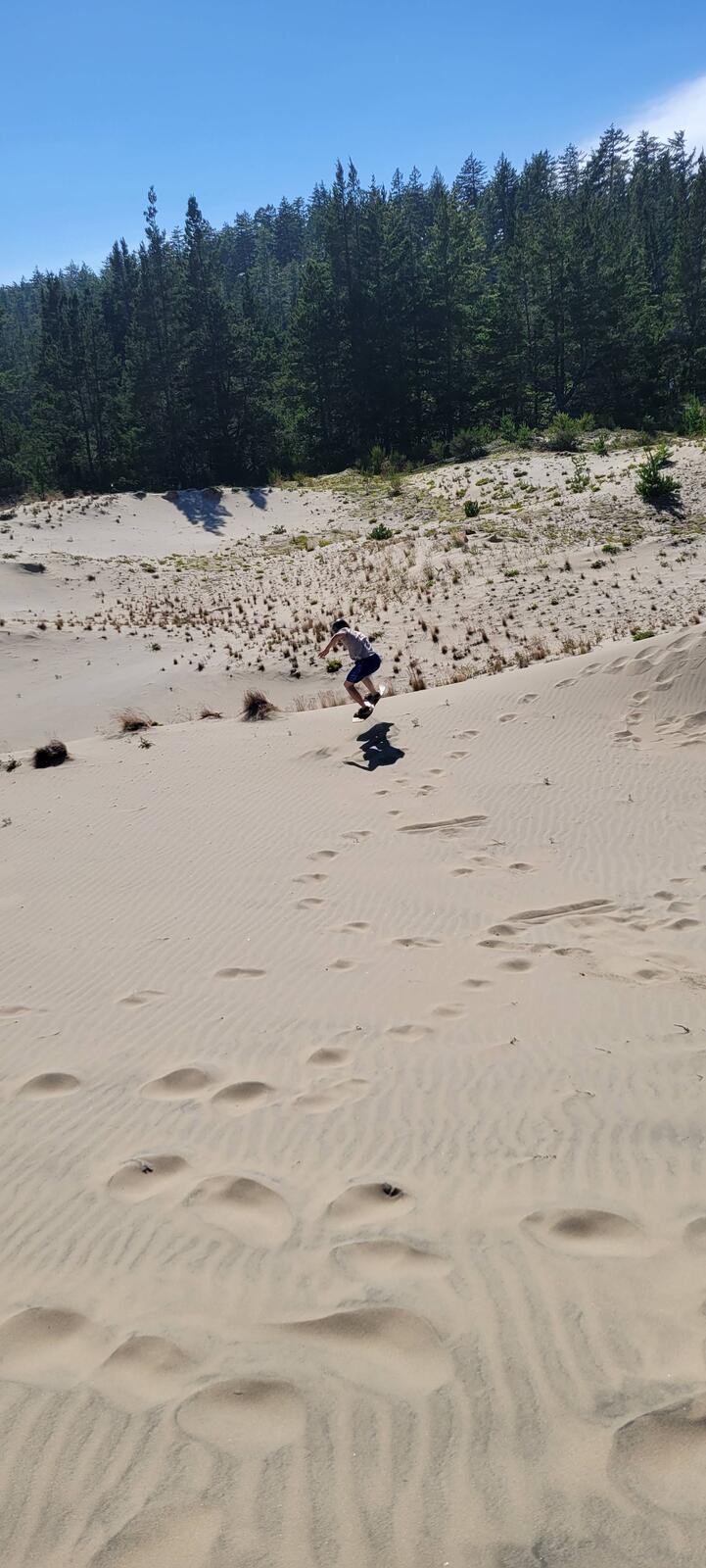 A scout running down the coastal sand dunes near Camp Meriwether