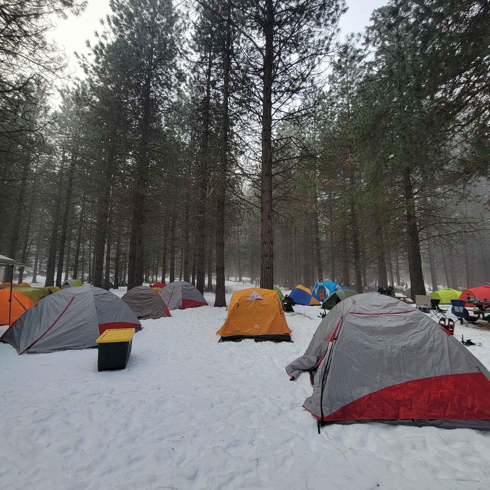 A snowy campsite full of tents at the Klondike Derby