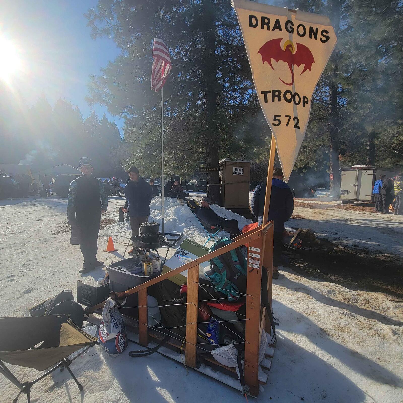 The Dragons patrol sign for Troop 572 at the Klondike Derby